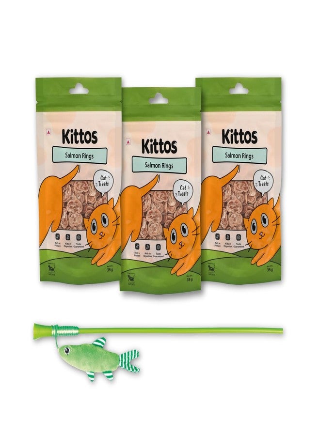 Trixie Combo of Trixie Playing Rod with Plush Fish, Interactive Cat Toy - 42 cm and 3 Pack of Kittos Nutrient Rich Salmon Rings Cat Treats for Training, 35 g Each - Image 1